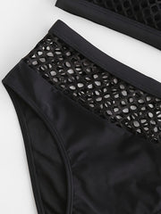 Women's Mesh Hollow Out High-Waisted Bikini 2 Piece Set, Beachwear, Swimwear, Black Color Swimsuit, Two-Piece Bathing Suit, Trendy Summer Outfit