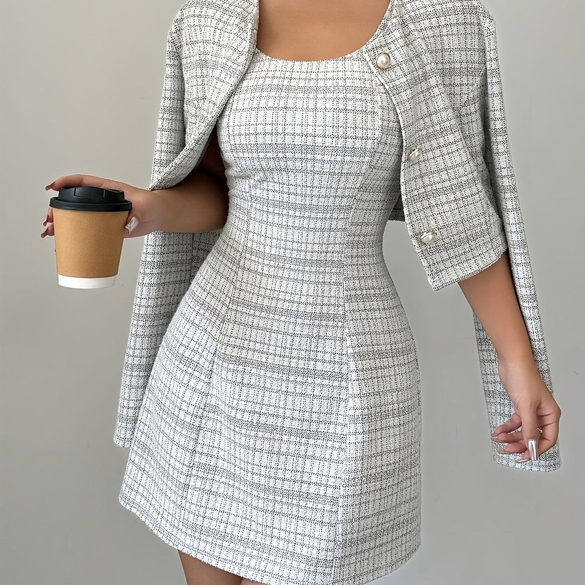 Two Piece A-Line Dress Suit Elegant Plaid Dress Suit for Women - Polyester Two Piece Set with A-Line Mini Dress and Buttoned Jacket, Crew Neck, Woven - All Season Fashion
