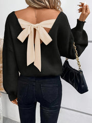 Soft Polyester Elegant French-Inspired Plus Size Sweater - V-Neck with Bow Tie Back, Hand Washable, Classic Knitwear, Smooth Texture, All-Season Apparel