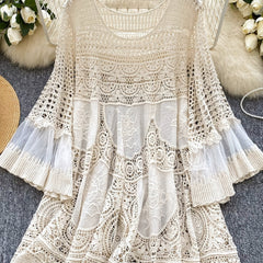 NEW Bohemian Style Vintage Knitted Dress for Women Loose Hollow Hook Flower Design Short Mid-Skirt