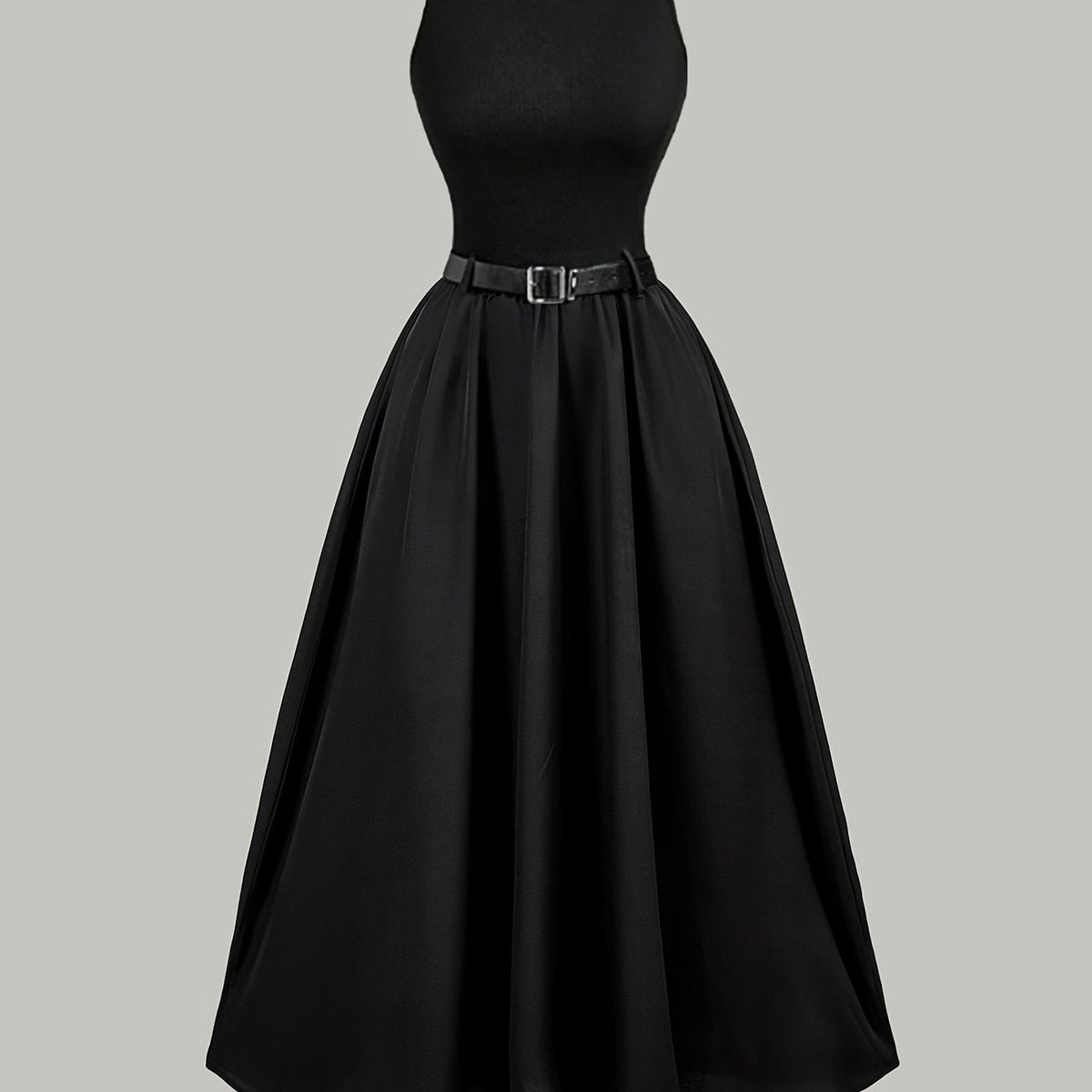 1pc Elegant Sleeveless A-Line Dress for Women, Solid Color Polyester Knit with Belt, Round Neck, Loose Fit - All Seasons Fashion