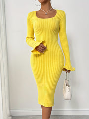 Solid Pattern Bodycon Sweater Dress - Acrylic Blend, Elegant Ribbed Knit, Middle Eastern Style, Lettuce Trim Fluted Sleeves, Square Neckline