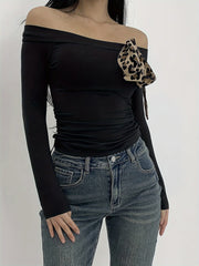 Y2K-Inspired Off-Shoulder Tie-Front Top - Slim Fit, Long Sleeve, Solid Color Women's Tee for Spring/Summer/Fall, Sexy, One-Shoulder