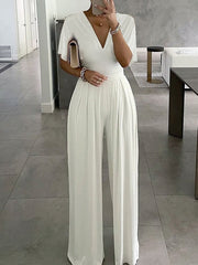 Jumpsuits for Women Summer Dressy Solid Color V Neck Elegant Office Daily Straight Regular Fit Half Sleeve Bell Sleeve Black White Red S M L