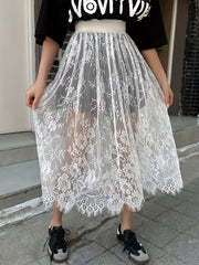 Y2K Lace Semi-Sheer A-Line Skirt, Solid Color Elastic Waist Midi Skirt For Spring & Summer, Women's Clothing