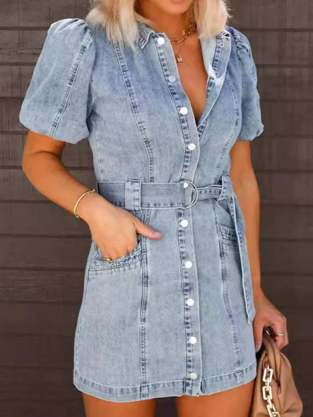 Button-Up Puff Sleeve Denim Shirt Dress