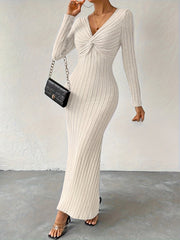 Elegant Olive Green Ribbed Midi Dress for Women - V-Neck with Twist Front Detail, Long Sleeves, Stretch Polyester, Machine Washable - Chic & Stylish, Stylish Office Attire|Knotted Waist Dress|Flattering