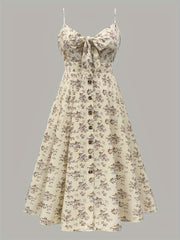 Large Size Elegant Dress with Chest Tie, Buttons and Floral Print