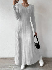 Elegant Solid Color V-Neck Knit Long Sleeve A-Line Dress - Ribbed Texture, Machine Washable, Polyester - Chic Middle Eastern Style for Fall, Elegant Long Sleeve Knit Dress
