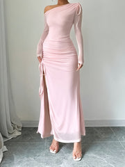 Elegant Asymmetrical Neck 1pc Long Sleeve Dress - Fitted Polyester Knit Fabric, Side Slit, All Seasons for Adults