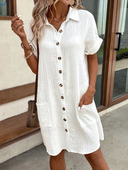 Women's 100% V-Neck Blouse Dress - Light Blue, Casual, Short Sleeves, Button Details, Machine Washable, All-Season Comfort
