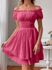 Elegant Off-Shoulder Square Neck Dress, 100% Polyester Solid Color A-Line Mini Dress for Women, Spring/Summer Woven Fabric, Occasion Wear | Ruffled Bodice | Polyester Fabric, Cute Dresses