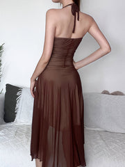 Vintage Brown Halter Neck Mesh Dress