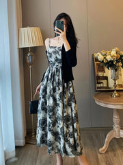 Floral Print Cami Dress Set Young Floral Print Cami Dress Set, Solid Long Sleeve Open Front Cardigan & Square Neck Sleeveless A-line Spaghetti Strap Dress Outfits, Women's Clothing
