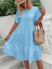 Solid Color Embroidered Lace Dress - Hollow Out Design, Elegant for Casual Wear
