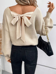 Women'S Elegant V-Neck Knit Sweater with Back Bow Detail, 100% Polyester Solid Color Pullover, All-Season Lightweight Knitwear