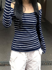 Japanese and Korean Special Targeted Elegant Basic Large Round Neck Slimming Long Sleeve Striped Top