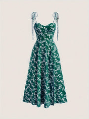 Elegant Y2K Floral Midi Dress for Women - Blue with White Flowers, Off-Shoulder Design, Tie Straps, A-Line Silhouette, Polyester, Machine Washable - Perfect for Summer