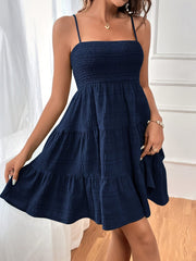 Navy Blue Suspender Dress Sleeveless Backless Navy Blue Ruffled Hem Spaghetti Suspender Dress for Women | Polyester Knit, Machine Washable, All-Season Style, Elegant