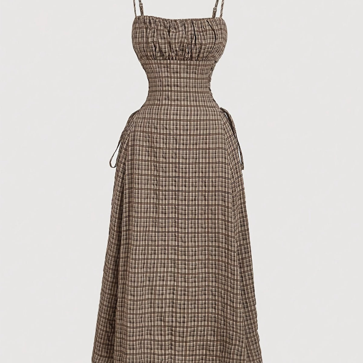 Vintage Beige Plaid Midi Dress for Women with Front Right Side Ruched Tie Detail - Sleeveless, Polyester, Machine Washable - Ideal for Spring/Summer/Fall