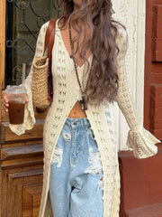 Ruffled Hem Openwork Longline Cardigan