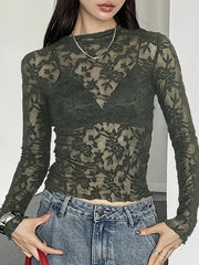 Women'S Y2K Style Long Sleeve T-Shirt, Sexy Sheer Mesh Knit Top with Crew Neck, 100% Polyester, Regular Length, 150g/m² Fabric Weight, Solid Color - Spring/Summer/Fall Fashion