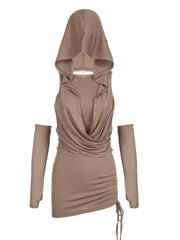 Khaki Drawstring Skinny Hooded Mini Dress