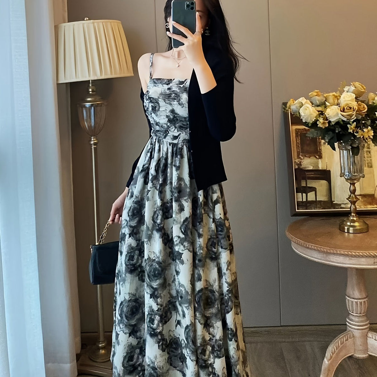 Floral Print Cami Dress Set Young Floral Print Cami Dress Set, Solid Long Sleeve Open Front Cardigan & Square Neck Sleeveless A-line Spaghetti Strap Dress Outfits, Women's Clothing