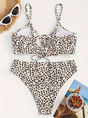 Women's Leopard Print Bikini Set - V-Wired, High Cut Two-Piece Swimsuit with Spaghetti Straps & Tie-Detail Waistband, Stretchy Polyester/Spandex Blend, Machine Washable - Perfect for Beach & Poolside, High Waisted Bikin