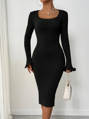 Solid Pattern Bodycon Sweater Dress - Acrylic Blend, Elegant Ribbed Knit, Middle Eastern Style, Lettuce Trim Fluted Sleeves, Square Neckline