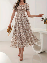 Elegant Women's Floral Print Dress - Square Neckline, Short Sleeve, A-Line Silhouette, Polyester, Machine Washable, Perfect for All Seasons