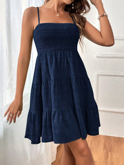Navy Blue Suspender Dress Sleeveless Backless Navy Blue Ruffled Hem Spaghetti Suspender Dress for Women | Polyester Knit, Machine Washable, All-Season Style, Elegant