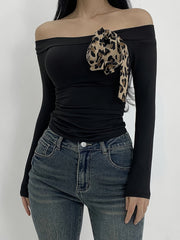 Y2K-Inspired Off-Shoulder Tie-Front Top - Slim Fit, Long Sleeve, Solid Color Women's Tee for Spring/Summer/Fall, Sexy, One-Shoulder