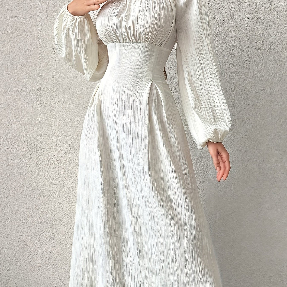 Elegant Textured Midi Dress - Cross Tie Lantern Sleeve Solid Color Romantic Dress for Women