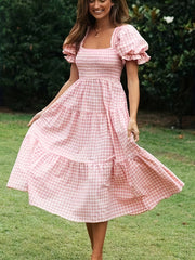 Square Neck Plaid Dress - Women's Lantern Sleeve Pleated Dress