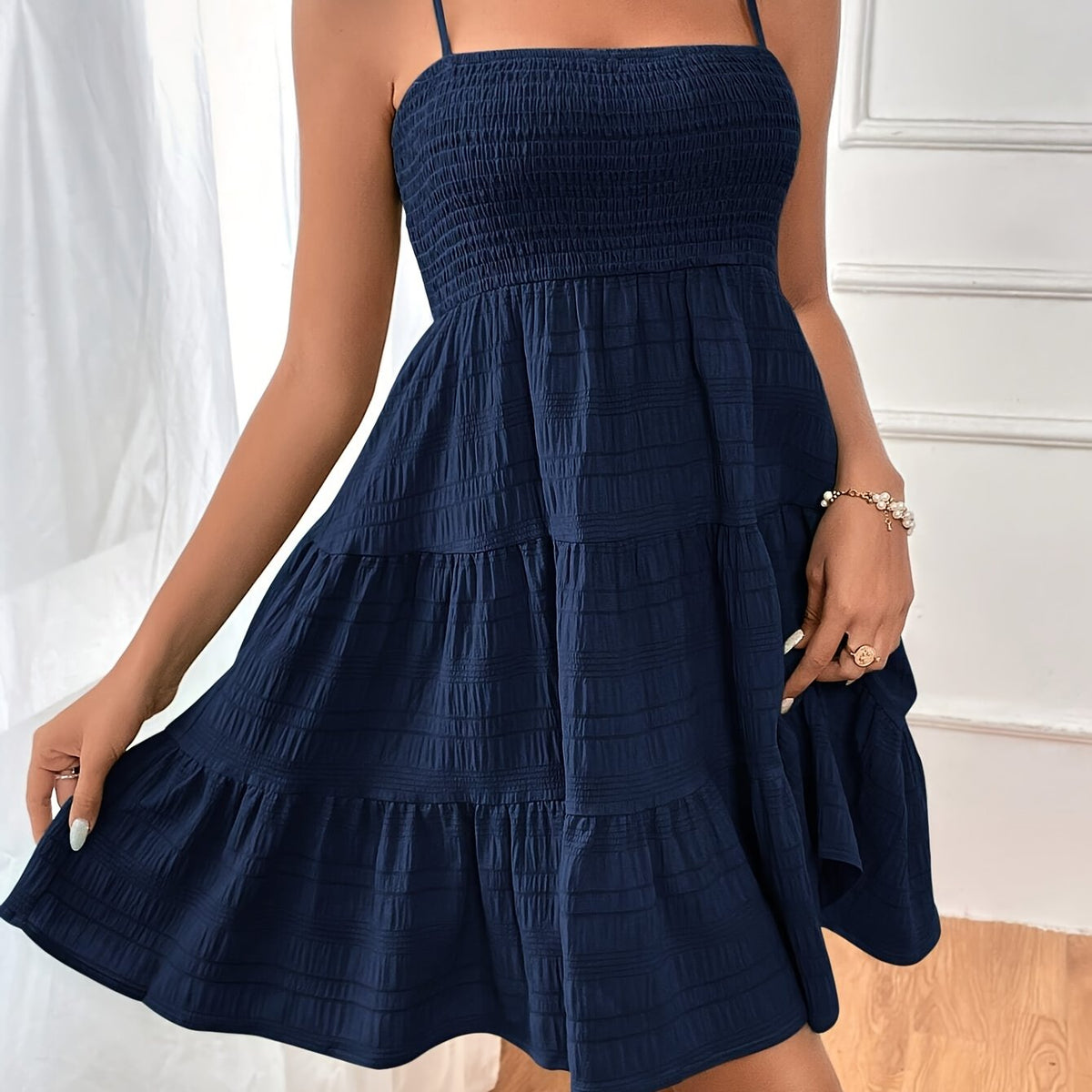 Navy Blue Suspender Dress Sleeveless Backless Navy Blue Ruffled Hem Spaghetti Suspender Dress for Women | Polyester Knit, Machine Washable, All-Season Style, Elegant