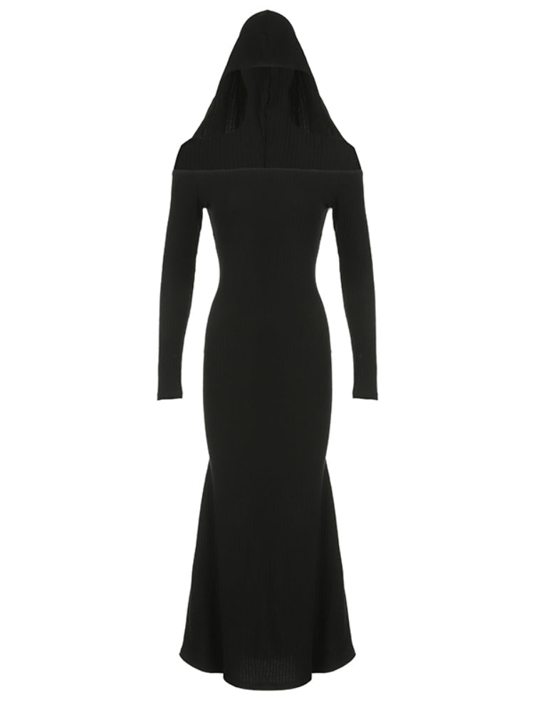 Gothic Dark Slash Neck Hooded Dress