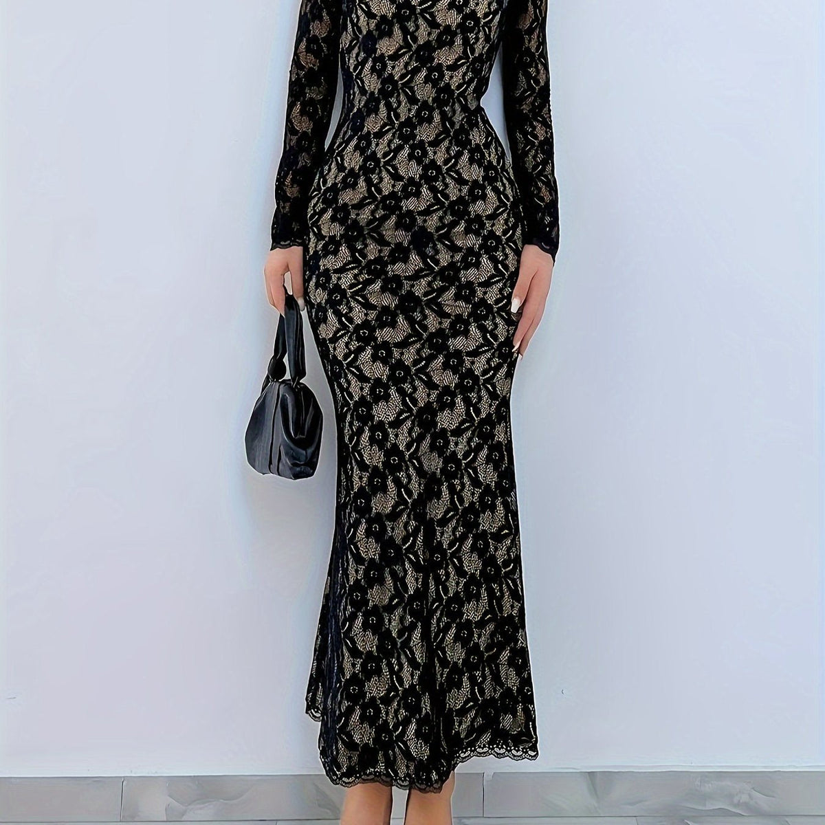 Elegant Long Sleeve Floral Lace Bodycon Dress - Square Neck, Women's Clothing for Club & Party