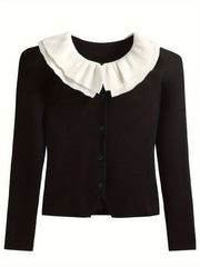 Women's 2024 New French Chic Ruffle Collar Knit Sweater, Slim Fit, Viscose Blend, Spring/Autumn, Contrast Color, Open Front Cardigan