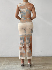 Elegant Women's Tie-Dye Print Sleeveless Maxi Dress - Chic Stand Collar, Ruched Bodycon Design in Vibrant Orange/Blue/White, Polyester Blend with Stretch, Machine Washable for All Seasons