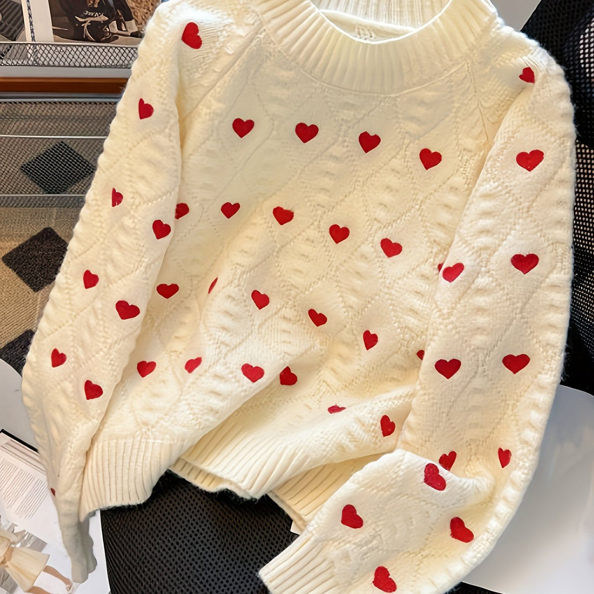 Autumn Heart Pattern Pullover Sweater Cozy Heart Pattern Pullover Round Neck Autumn And Winter Sweater, Fall Sweaters