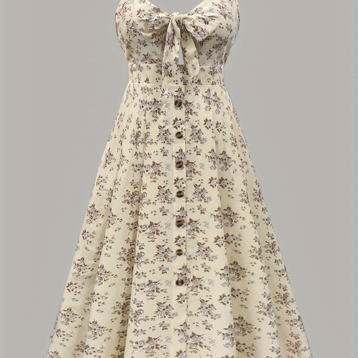 Large Size Elegant Dress with Chest Tie, Buttons and Floral Print