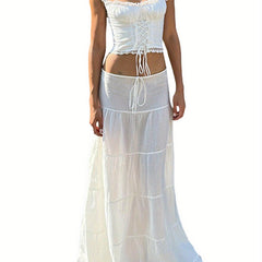 Women's Long Skirts with Lace Hem, Tie-Up Low Waist Skirts, Fashionable Casual Skirts for Spring and Summer