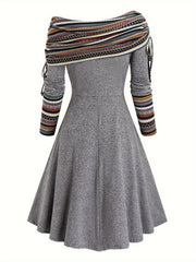 Elegant Off Shoulder Ethnic Striped Splicing Drawstring Dress, Women's Clothing
