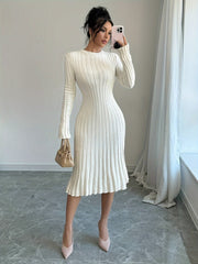 Long Sleeve Ribbed Knit Sweater Elegant Solid Color Ribbed Knit Sweater Dress for Women - Crew Neck, Long Sleeve, Pleated Design, Perfect for Fall & Winter