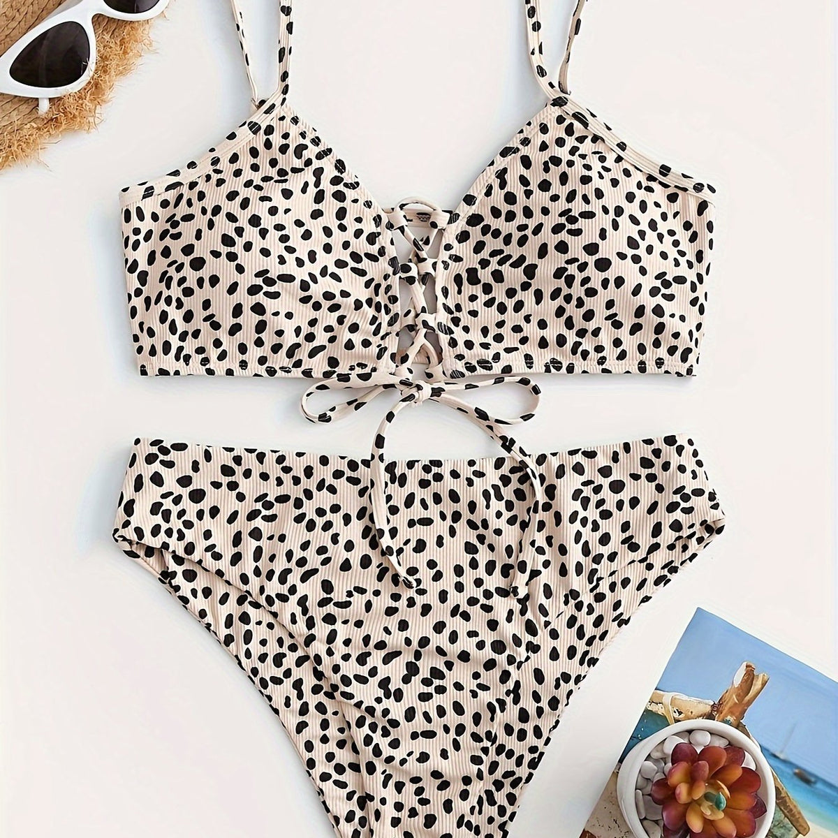 Women's Leopard Print Bikini Set - V-Wired, High Cut Two-Piece Swimsuit with Spaghetti Straps & Tie-Detail Waistband, Stretchy Polyester/Spandex Blend, Machine Washable - Perfect for Beach & Poolside, High Waisted Bikin