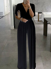 Jumpsuits for Women Summer Dressy Solid Color V Neck Elegant Office Daily Straight Regular Fit Half Sleeve Bell Sleeve Black White Red S M L