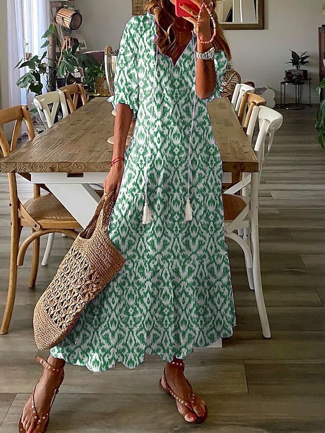 Women's A Line Dress Maxi long Dress Purple Half Sleeve Print Ruched Print Spring Summer V Neck Casual Vacation 3XL