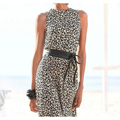 Women's Sheath Dress Midi Dress Khaki Sleeveless Color Block Leopard Ruched Print Spring Summer Crew Neck Stylish Elegant XXL