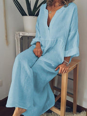 Women's Casual Dress Cotton Dress Shift Dress Maxi long Dress Cotton Casual Winter Dress Daily Holiday Split Neck Button Rolled Cuff Long Sleeve Spring Fall Winter Loose Fit Black White Yellow